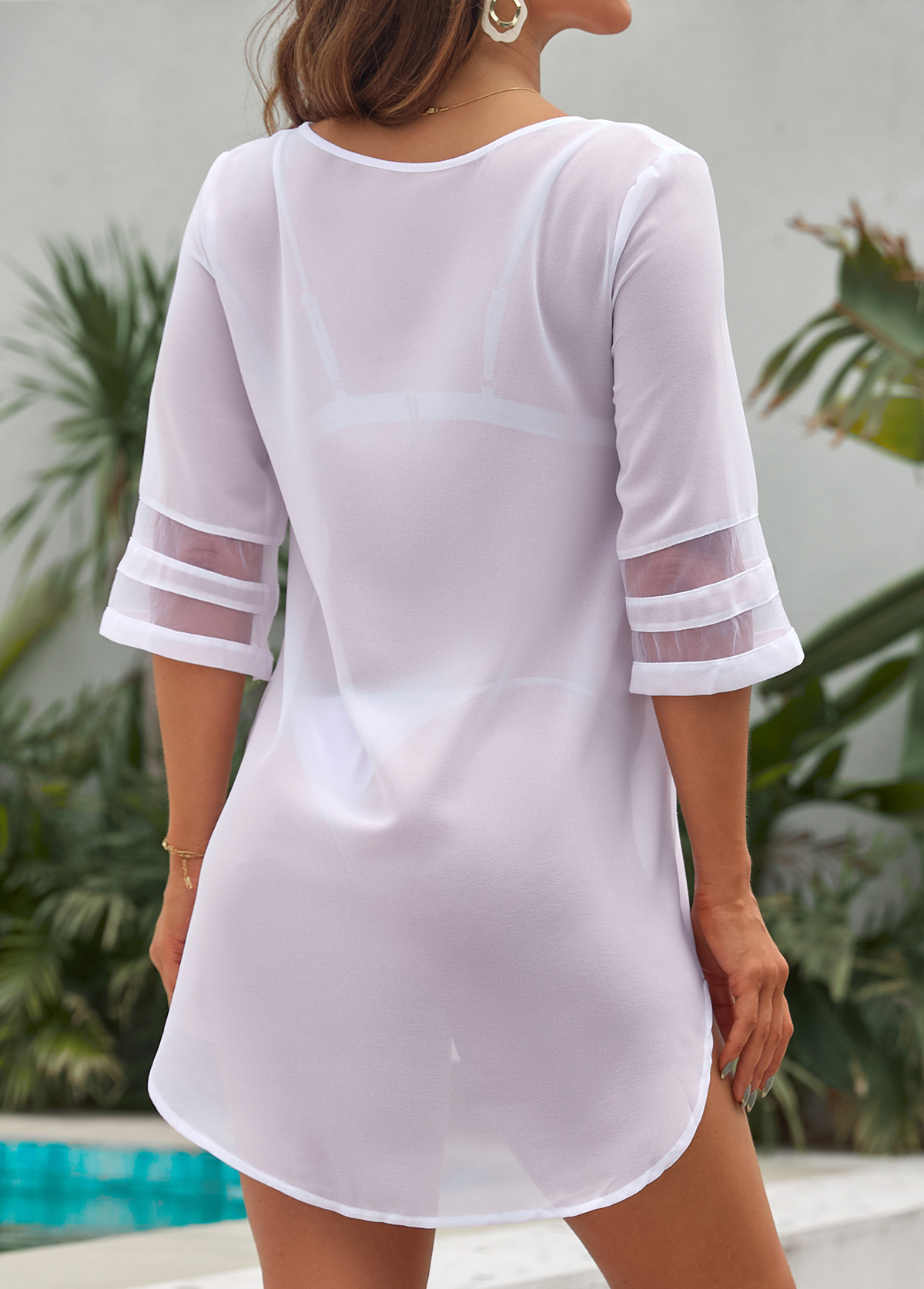 Mesh Stitching Button White Cover Up