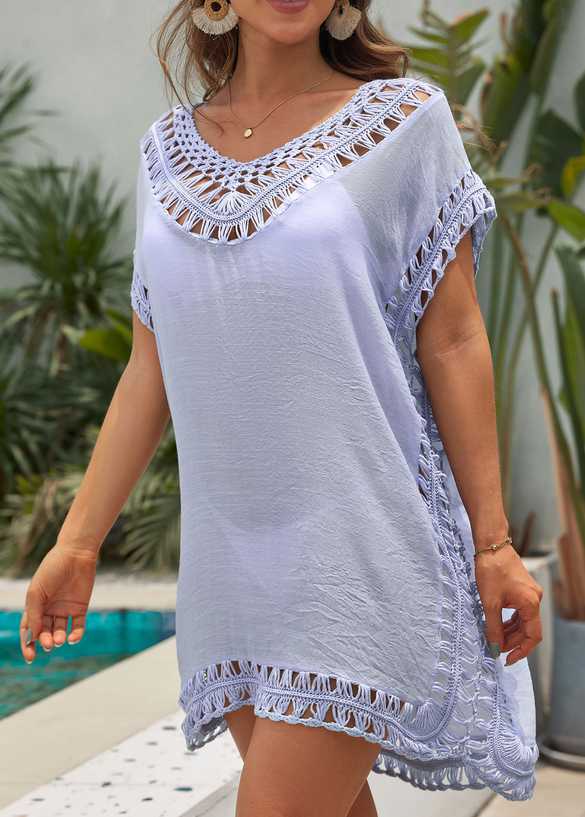 Cage Neck Light Blue Weave Cover Up