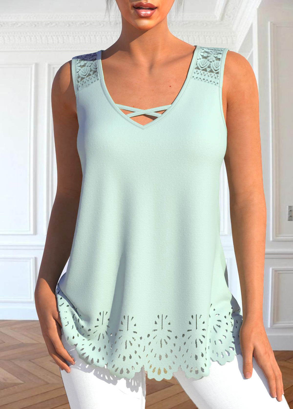 Burn Out Printing Lace Sage Green Tank Top