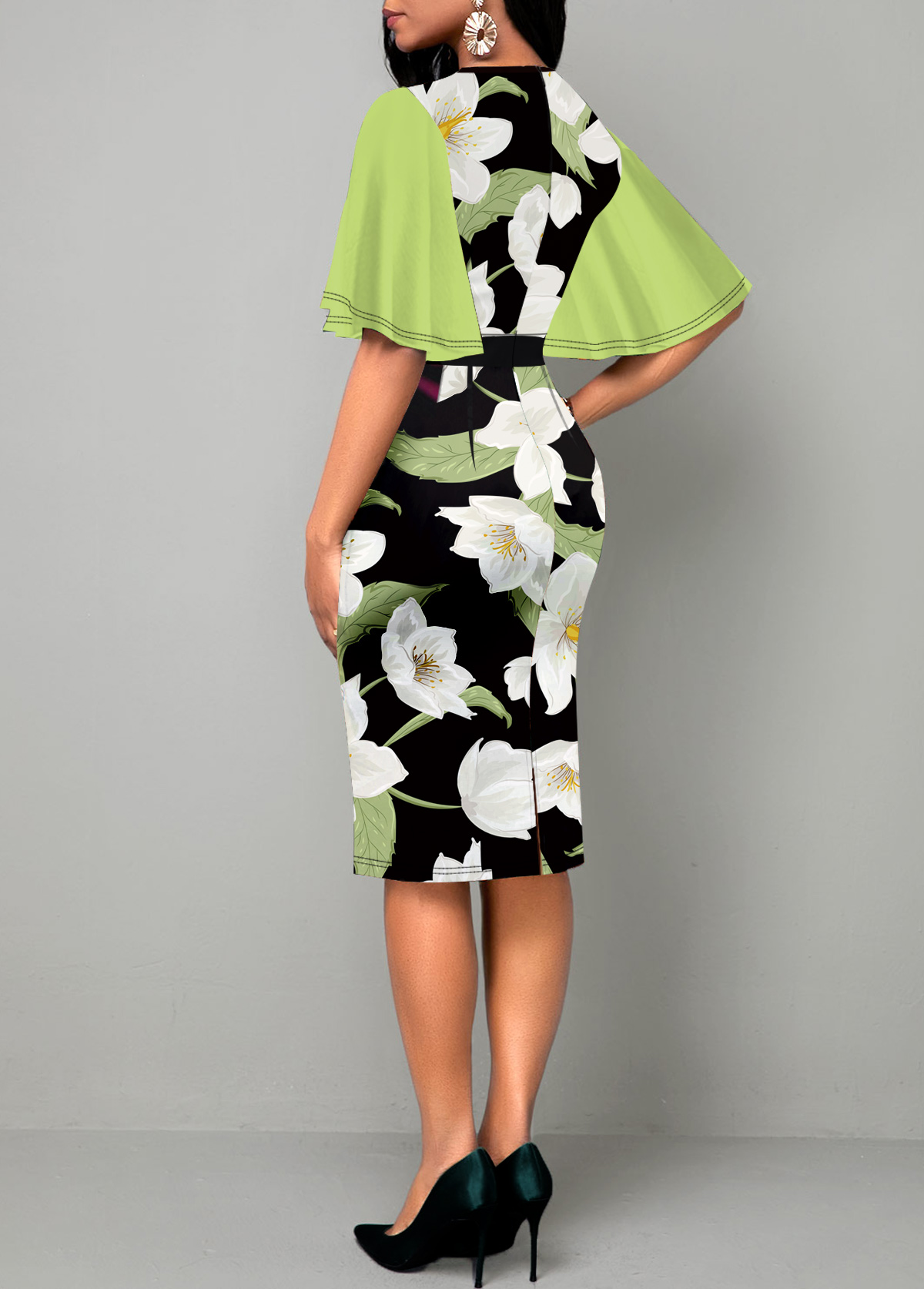 Avocado Green Round Neck Floral Print Dress