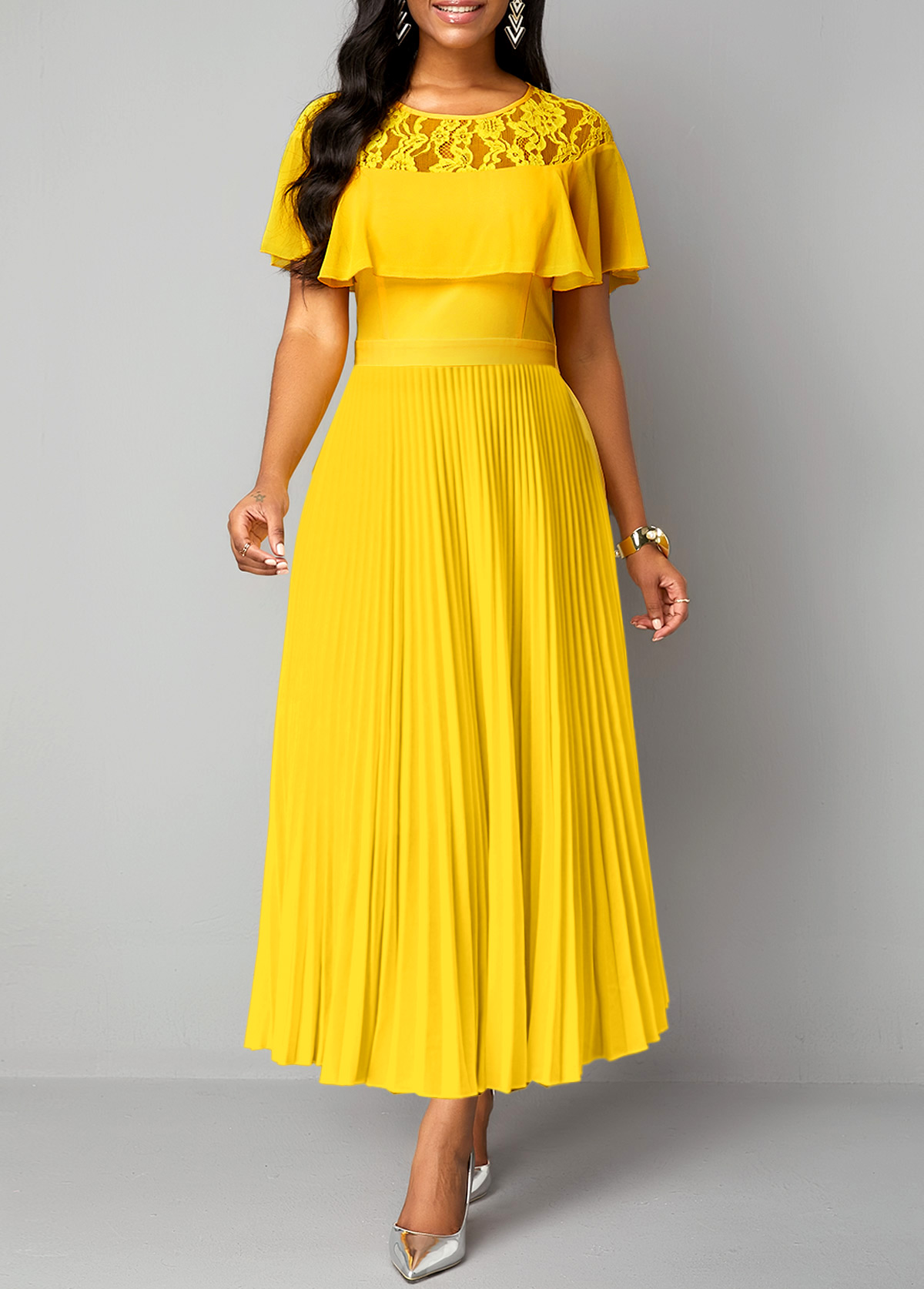 Plus Size Yellow Lace Maxi Short Sleeve Dress | Rosewe.com - USD $43.98