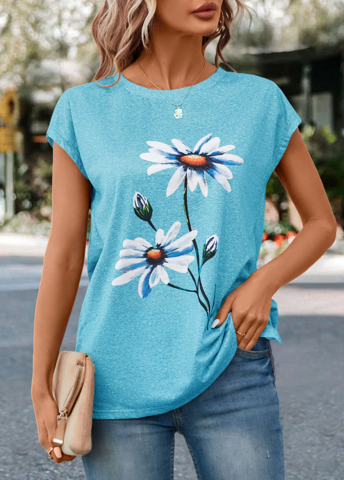 Round Neck Floral Print Sky Blue T Shirt