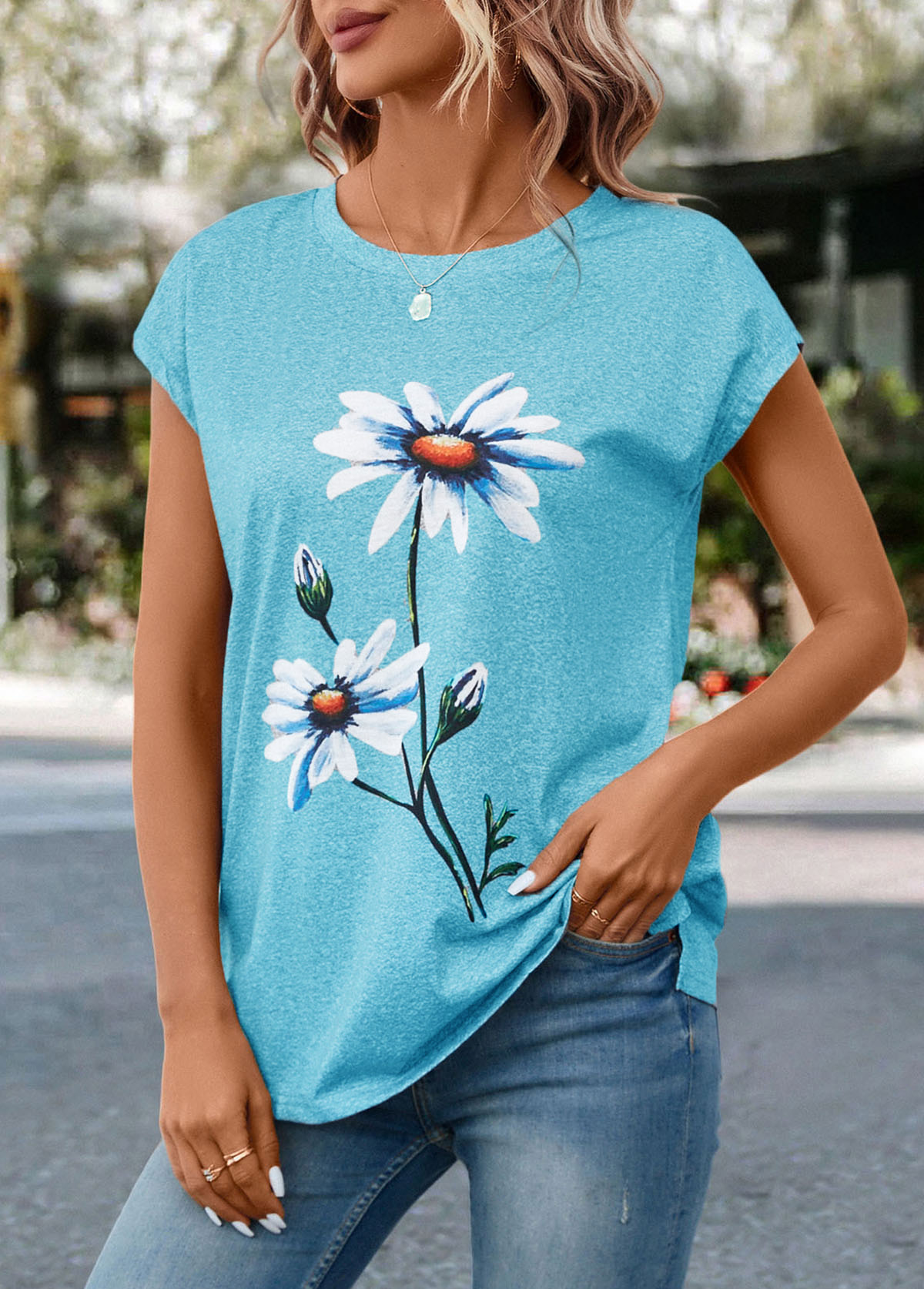 Round Neck Floral Print Sky Blue T Shirt