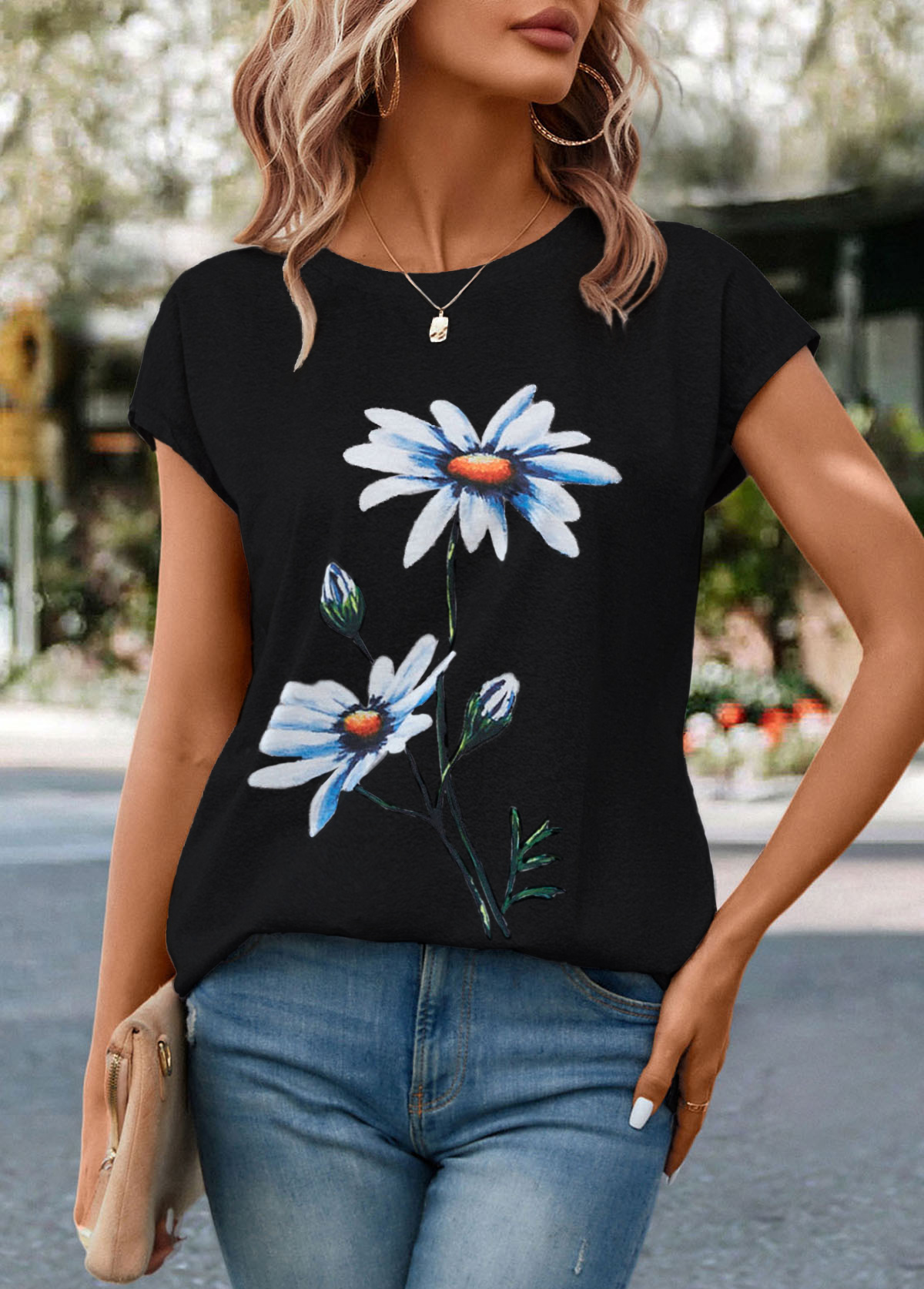 Floral Print Round Neck Black T Shirt