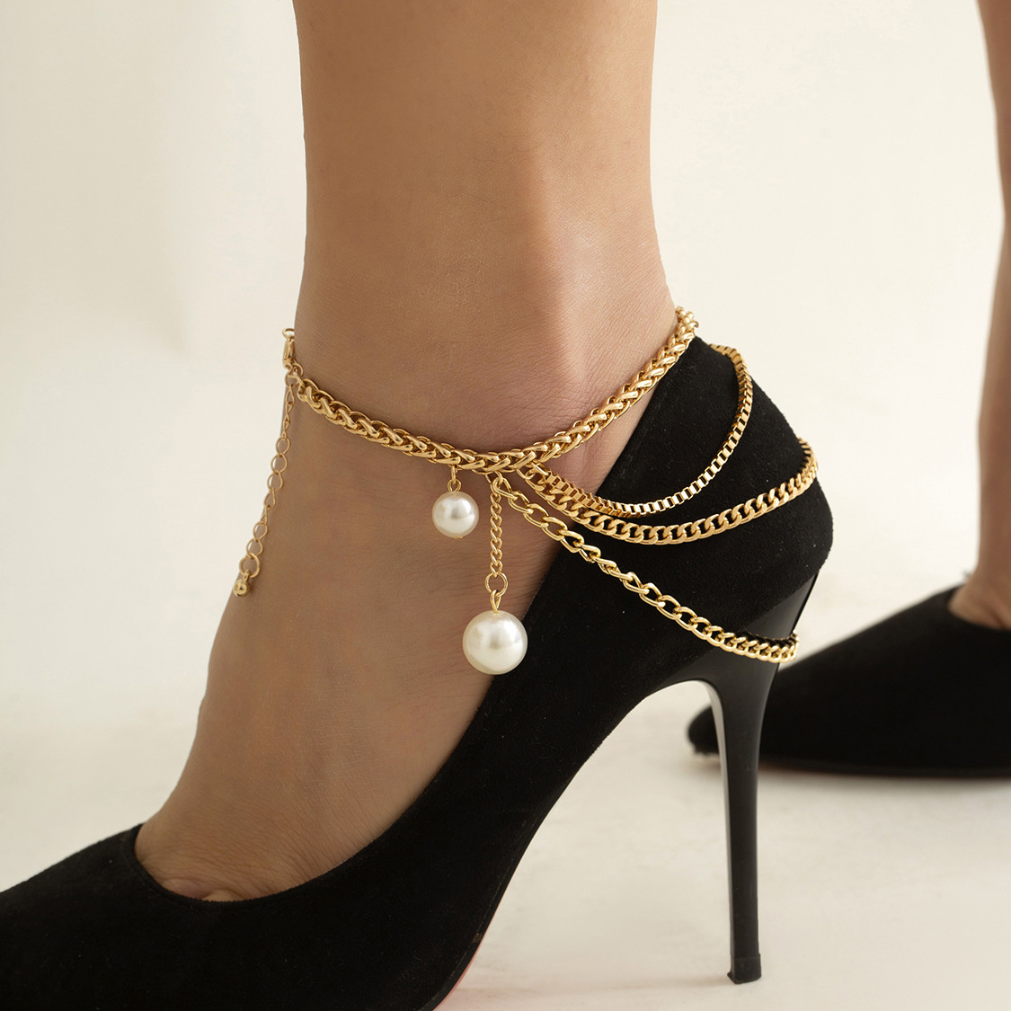 Layered Design Pearl Gold Chain Anklet