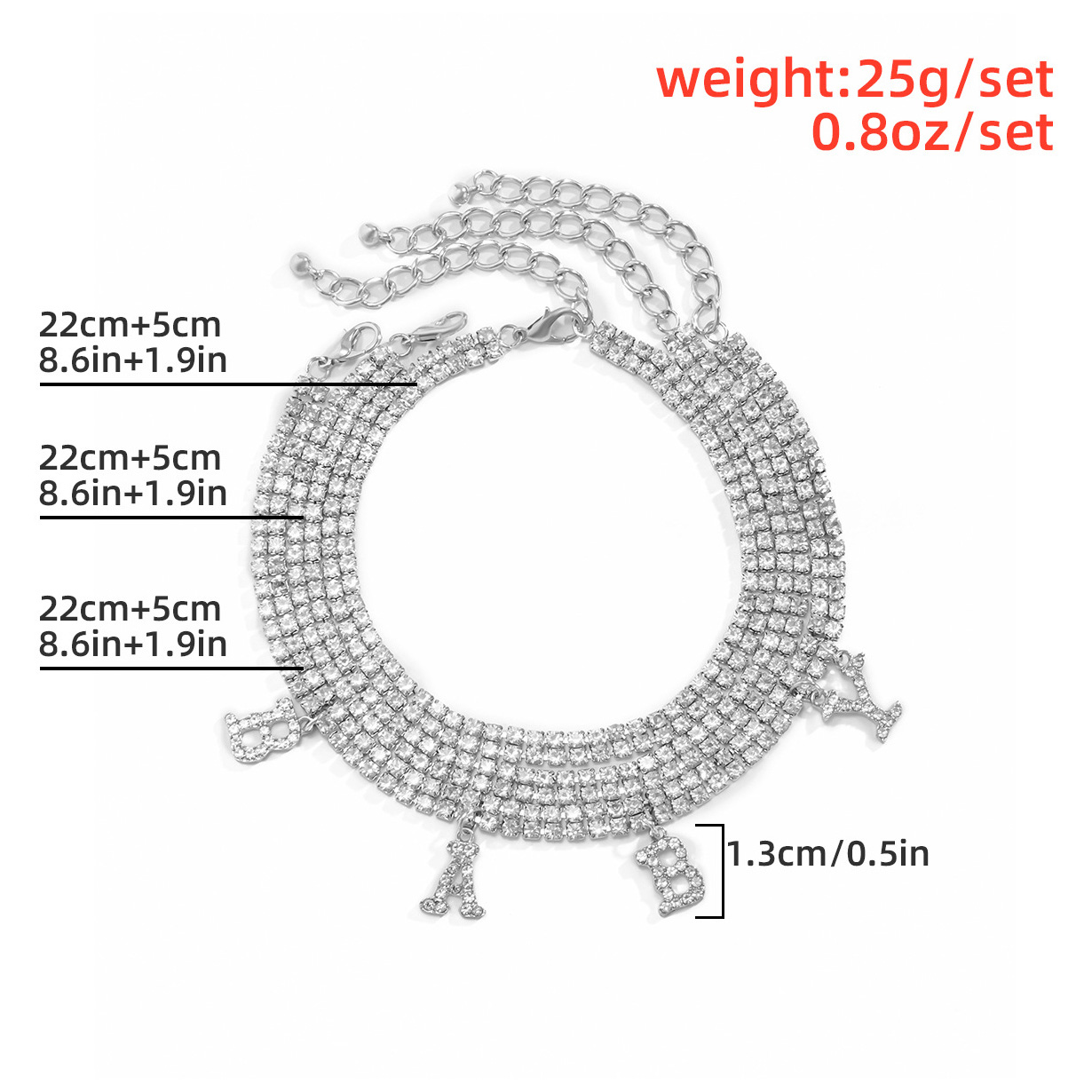 Letter Layered Rhinestone Silvery White Anklet
