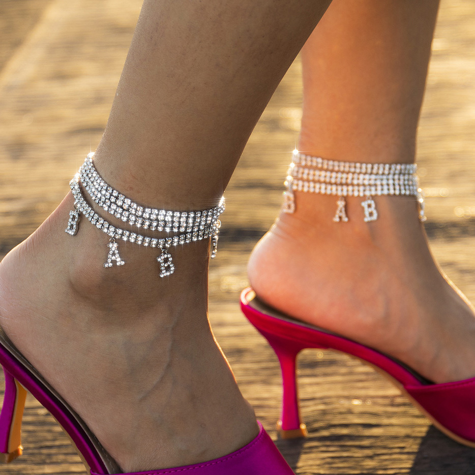 Letter Layered Rhinestone Silvery White Anklet