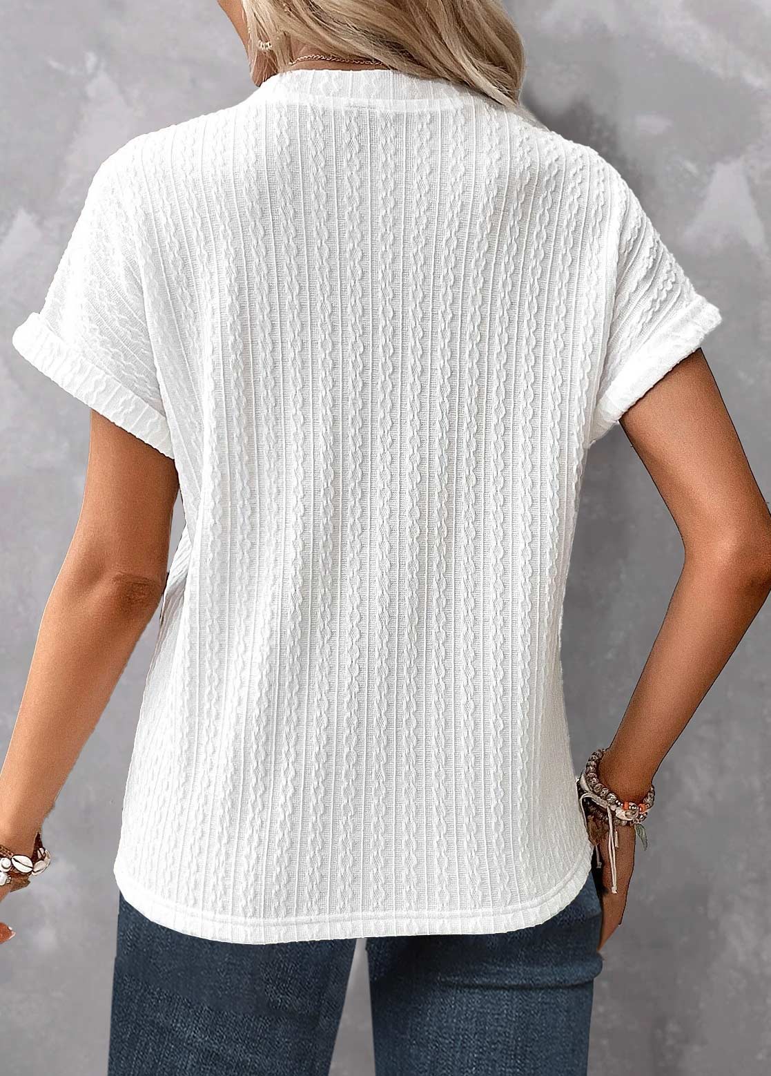 Split Neck Button White Short Sleeve T Shirt