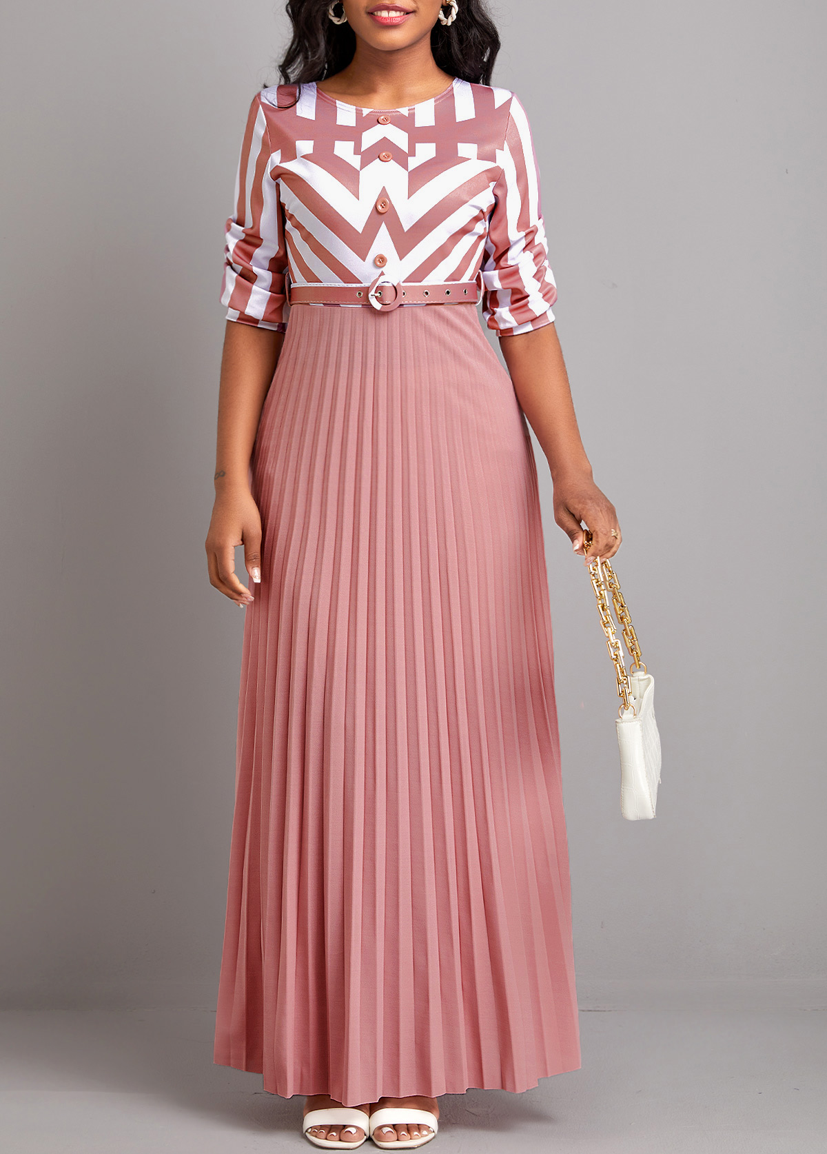 Geometric Print Button Belted Pink Maxi Dress