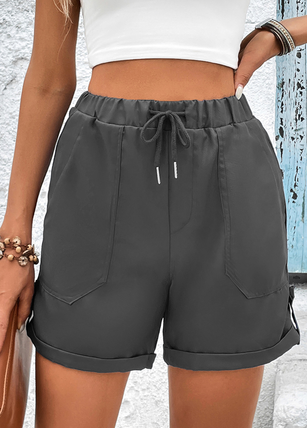 Pocket Drawastring High Waisted Grey Shorts