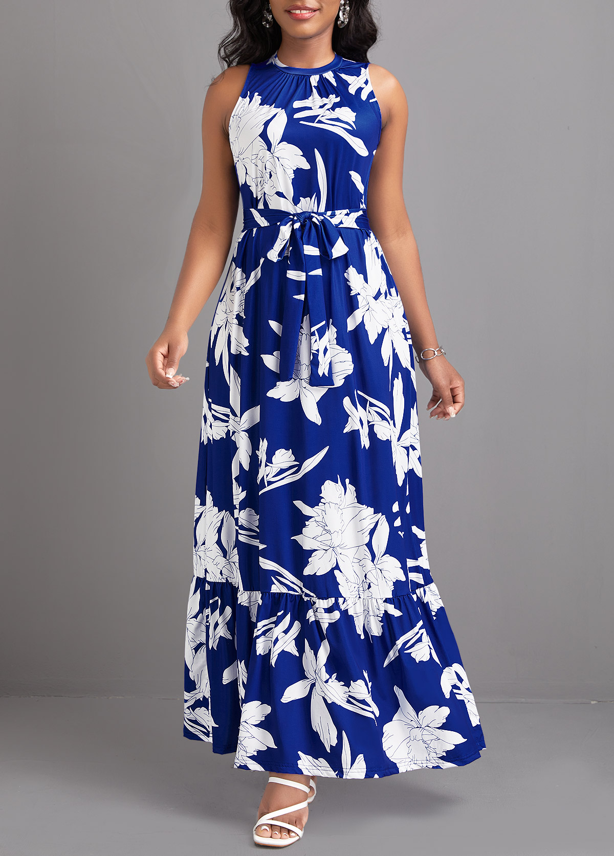 Leaf Print Tie Belted Blue Maxi Dress