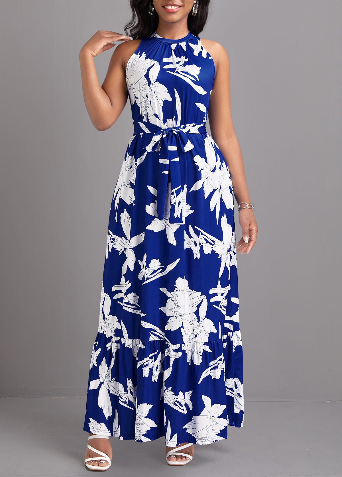 Leaf Print Tie Belted Blue Maxi Dress