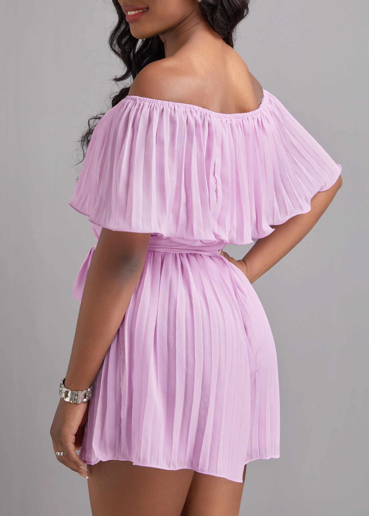Pleated Belted Light Purple Short Off Shoulder Dress