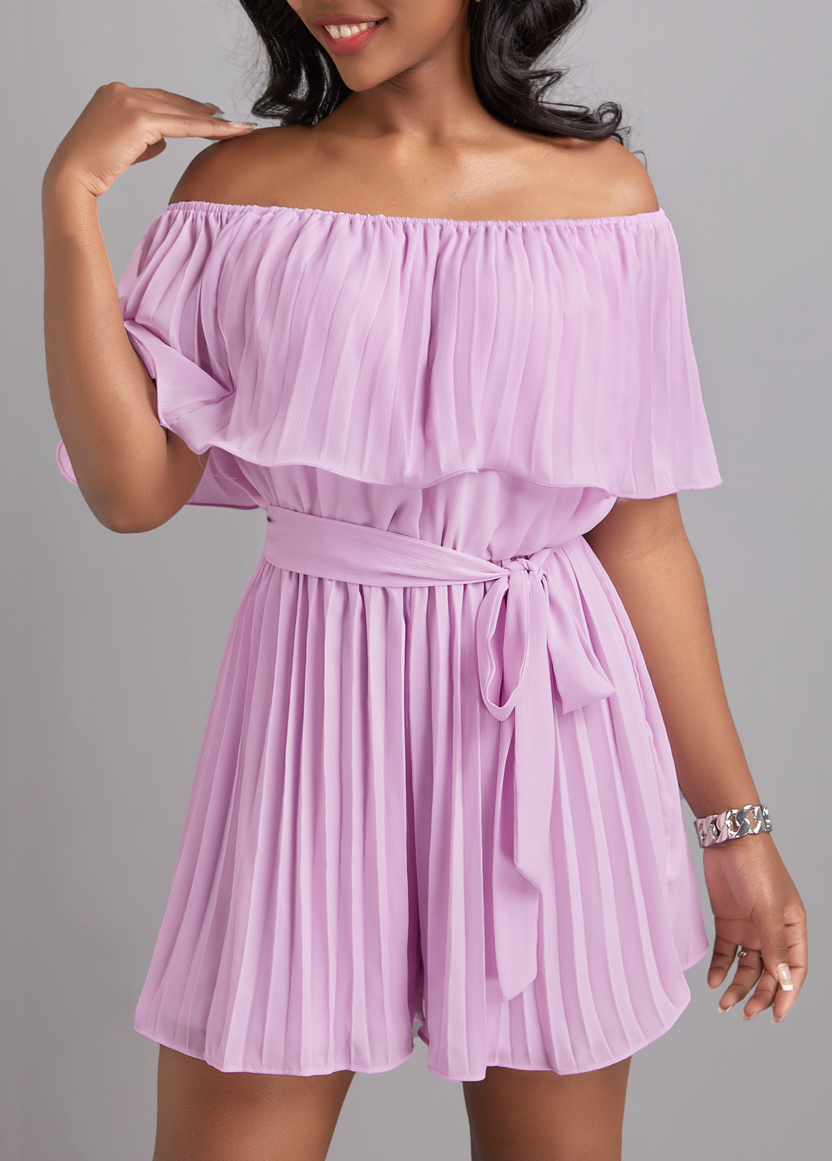 Pleated Belted Light Purple Short Off Shoulder Dress