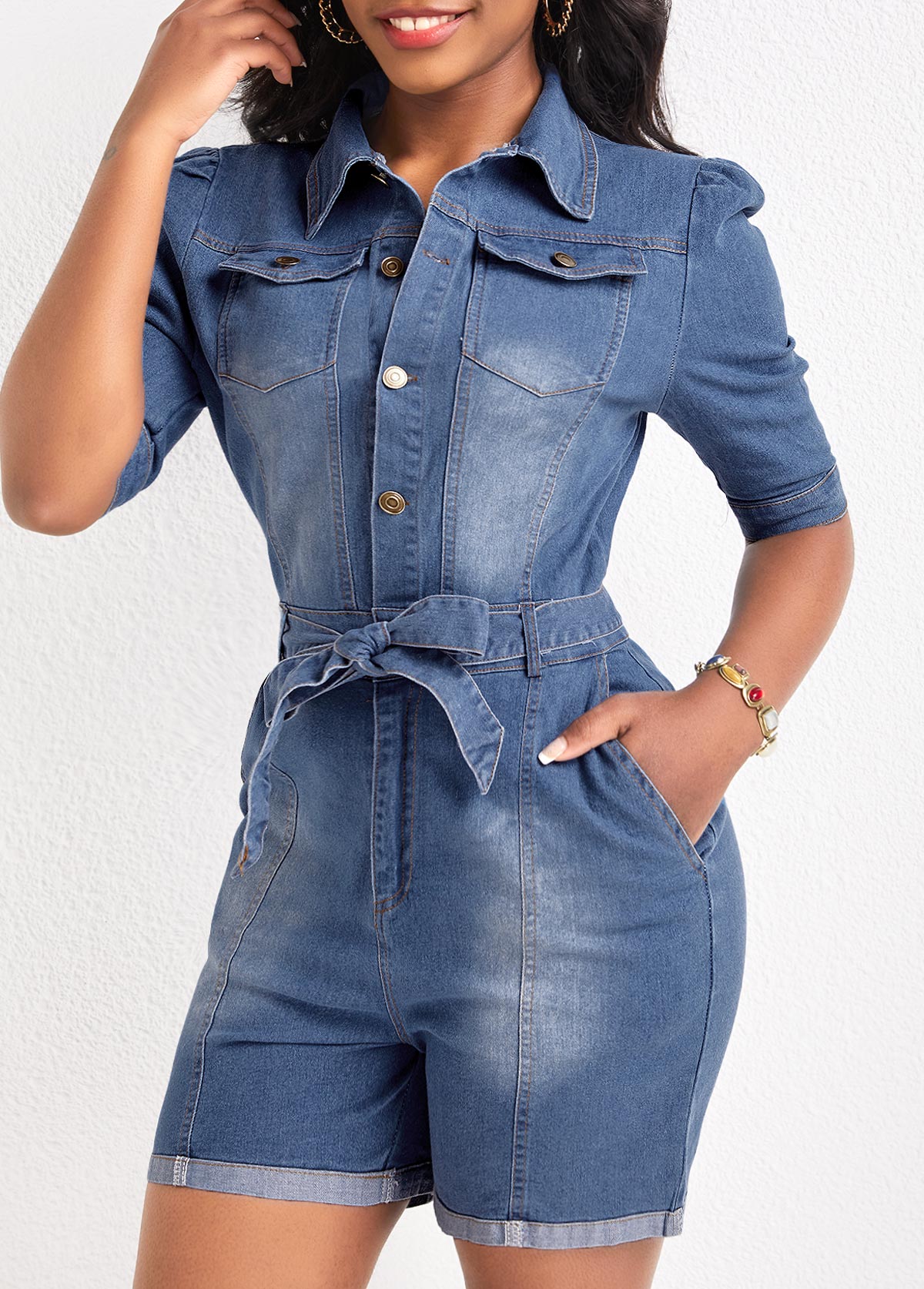 Collared Neck Short Sleeve Denim Romper