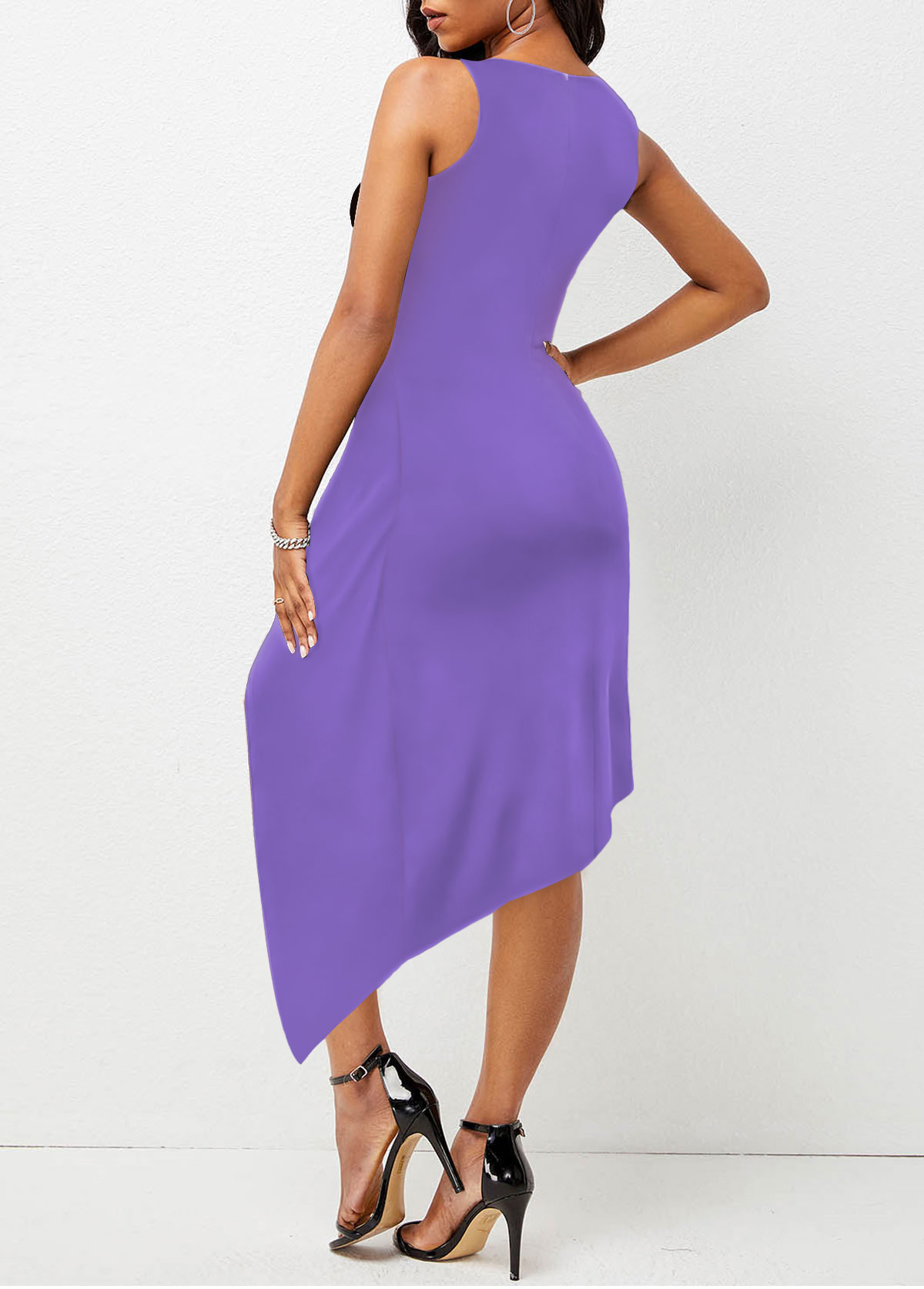 Floral Print Twist Purple Round Neck Bodycon Dress