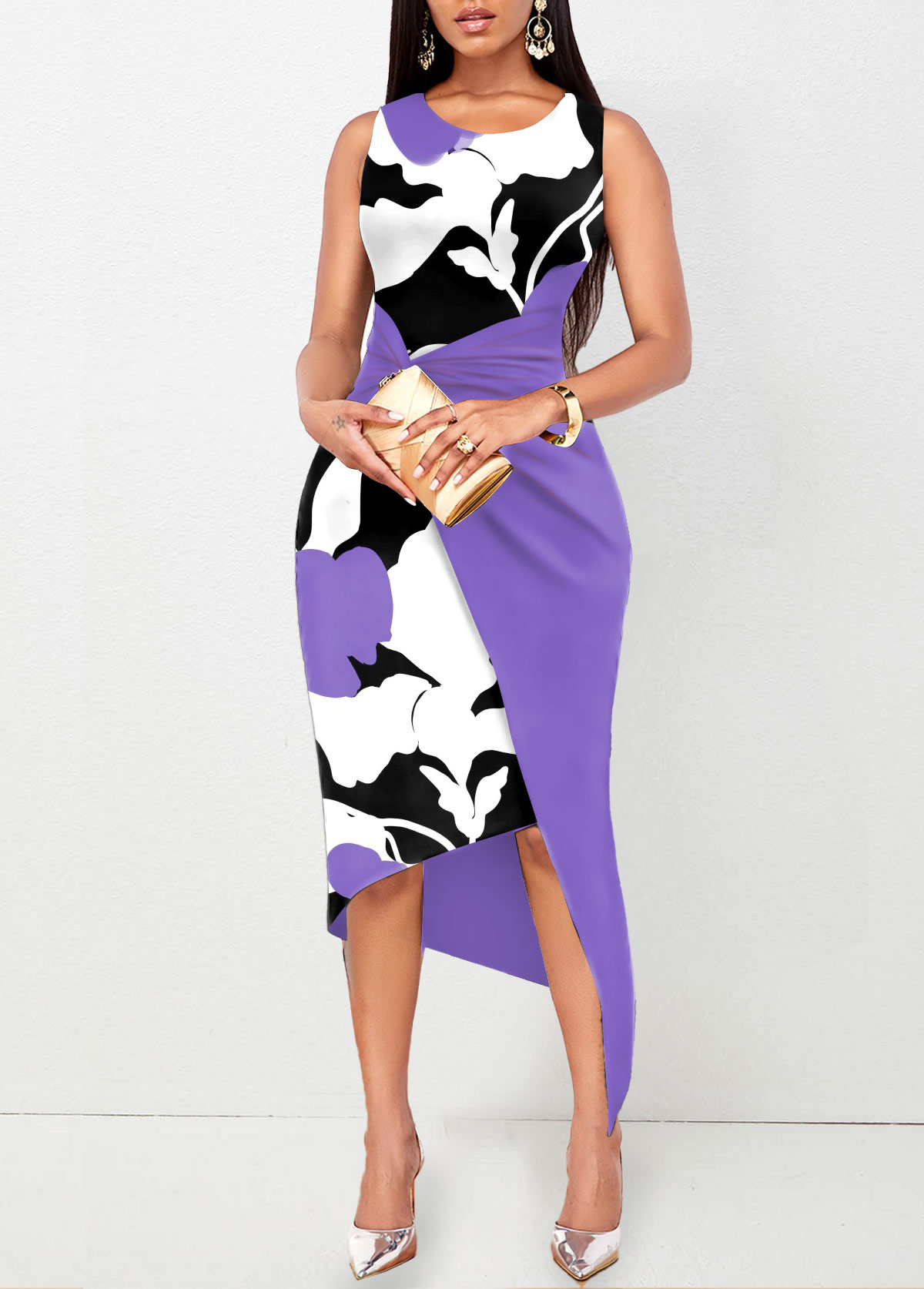 Floral Print Twist Purple Round Neck Bodycon Dress