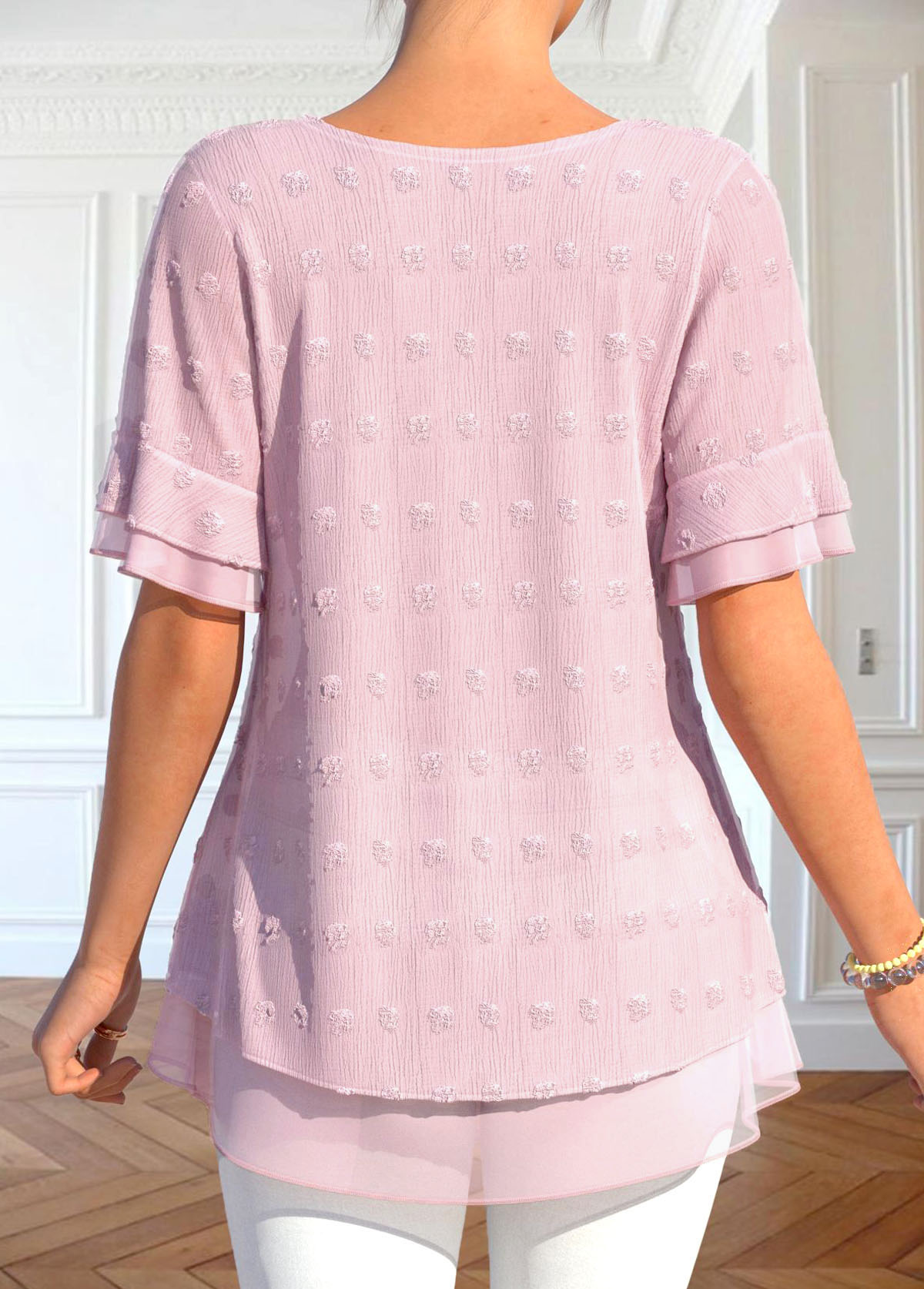 Layered Button Light Pink Round Neck T Shirt