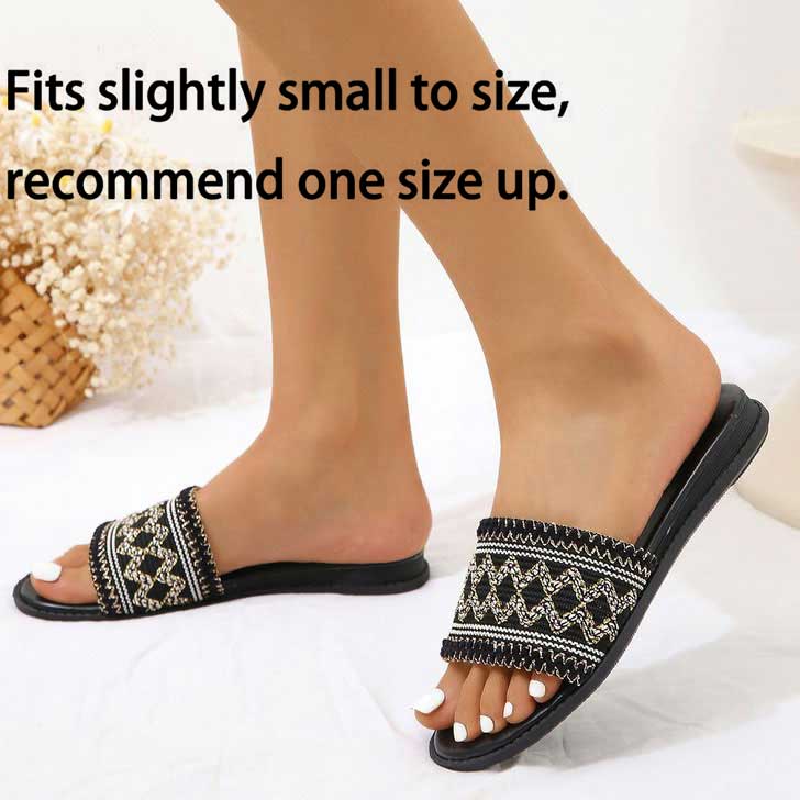 Black Open Toe Falt Geometric Pattern Slippers