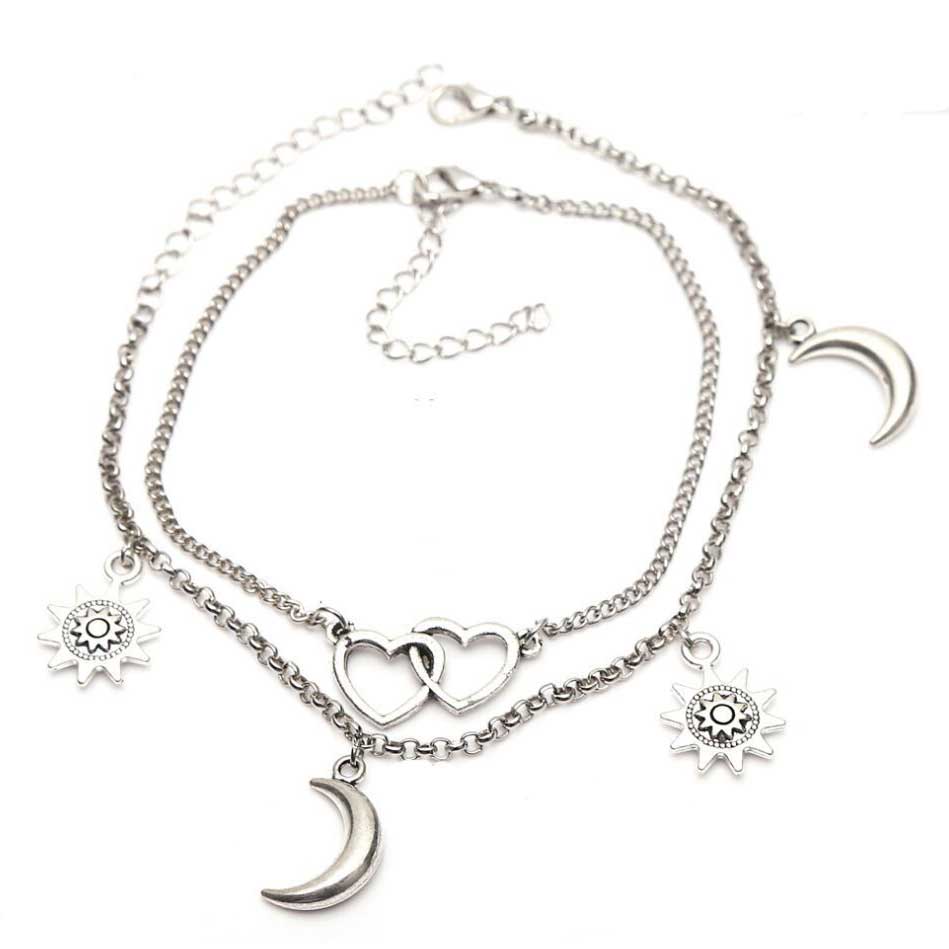 Layered Heart Design Silver Moon Anklet Set