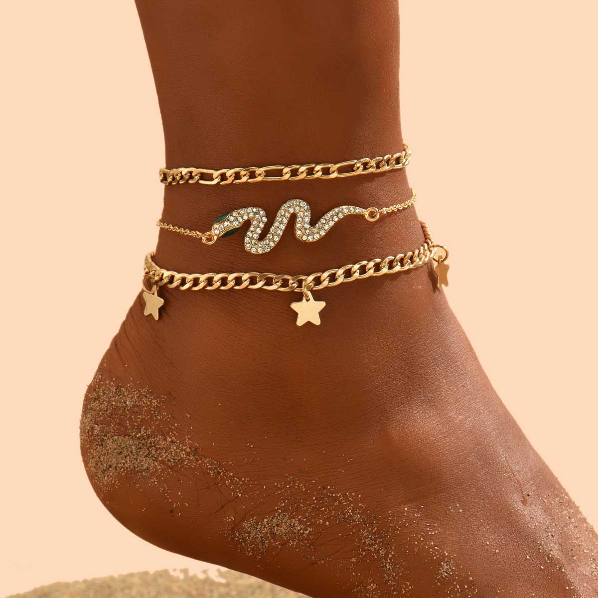 Layered Snake Design Golden Star Anklet Set