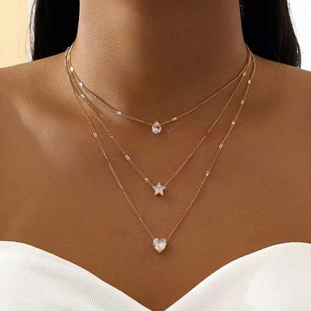 Layered Waterdrop Heart Design Golden Star Necklace