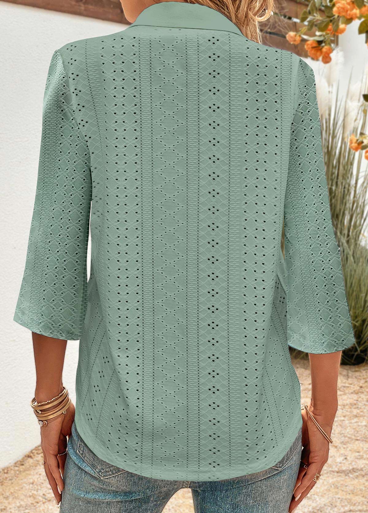 Button 3/4 Sleeve Green Shirt Collar Blouse