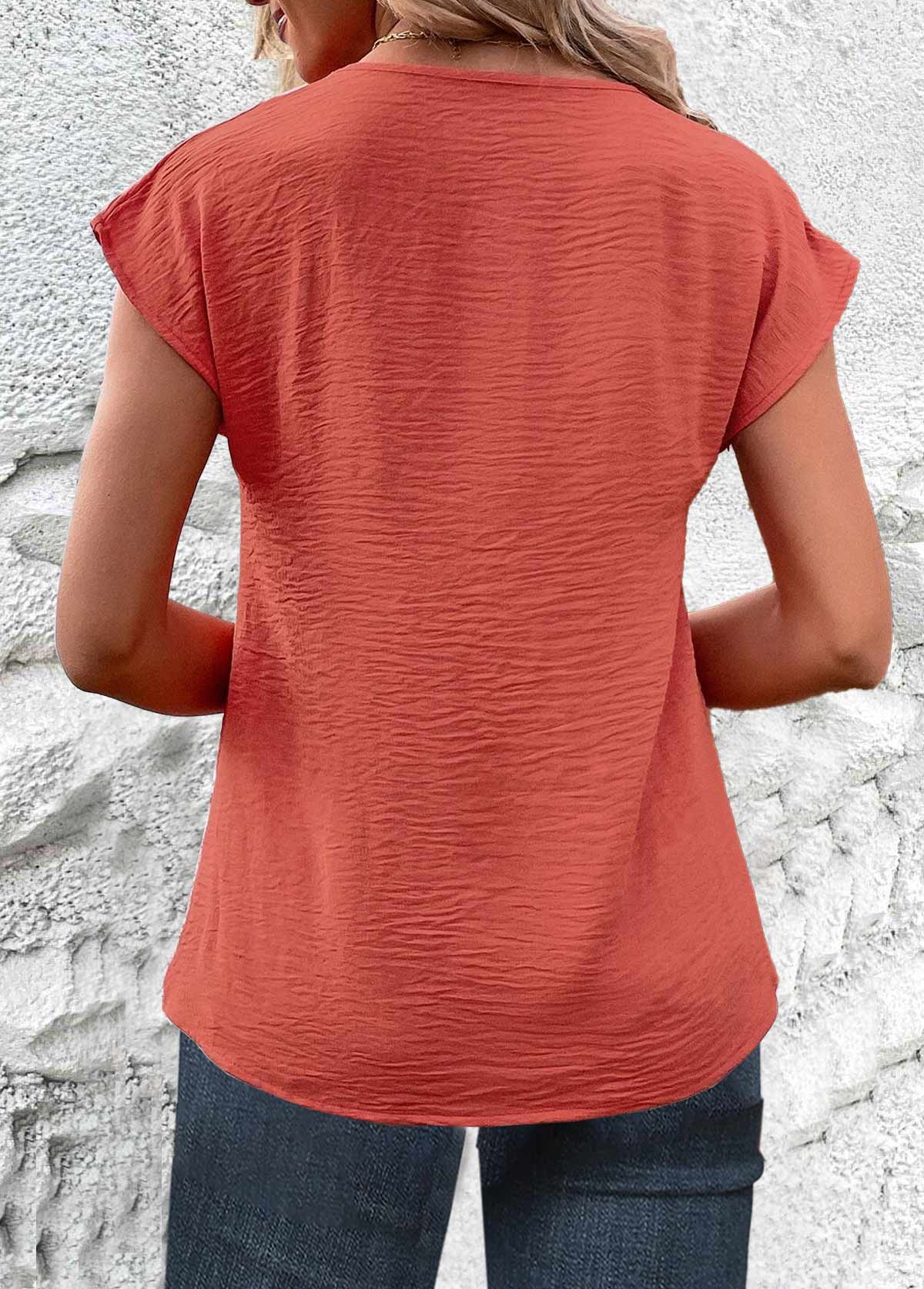 Button Lightweight Coral V Neck Blouse