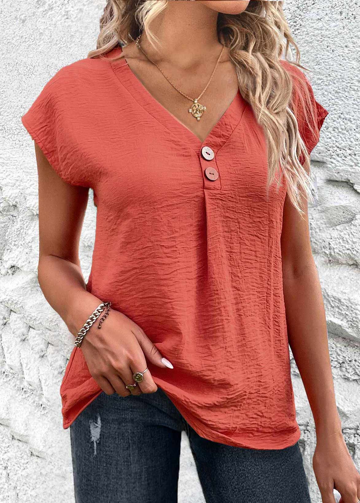 Button Lightweight Coral V Neck Blouse