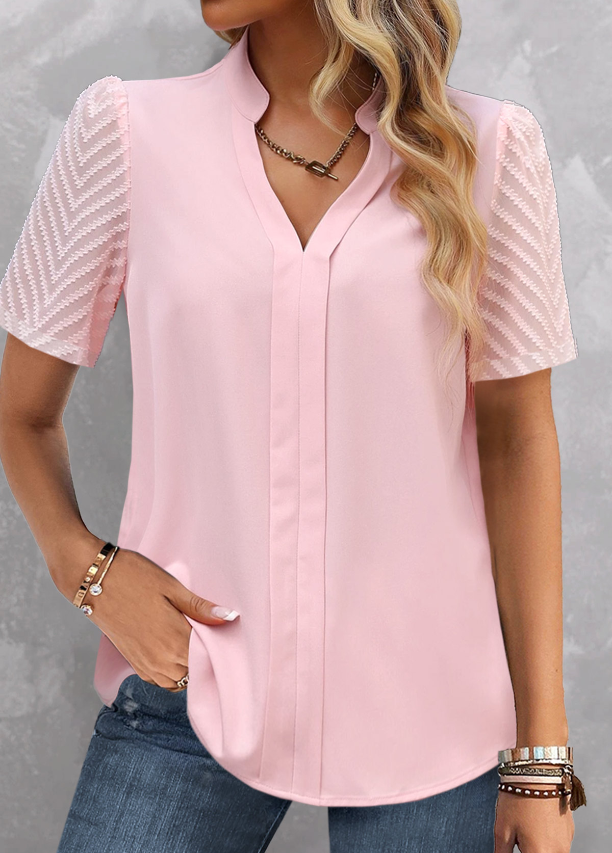 Plus Size Light Pink Split Short Sleeve Blouse