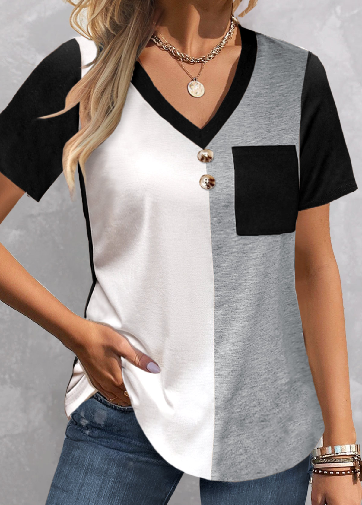 Plus Size Black Patchwork Short Sleeve T Shirt