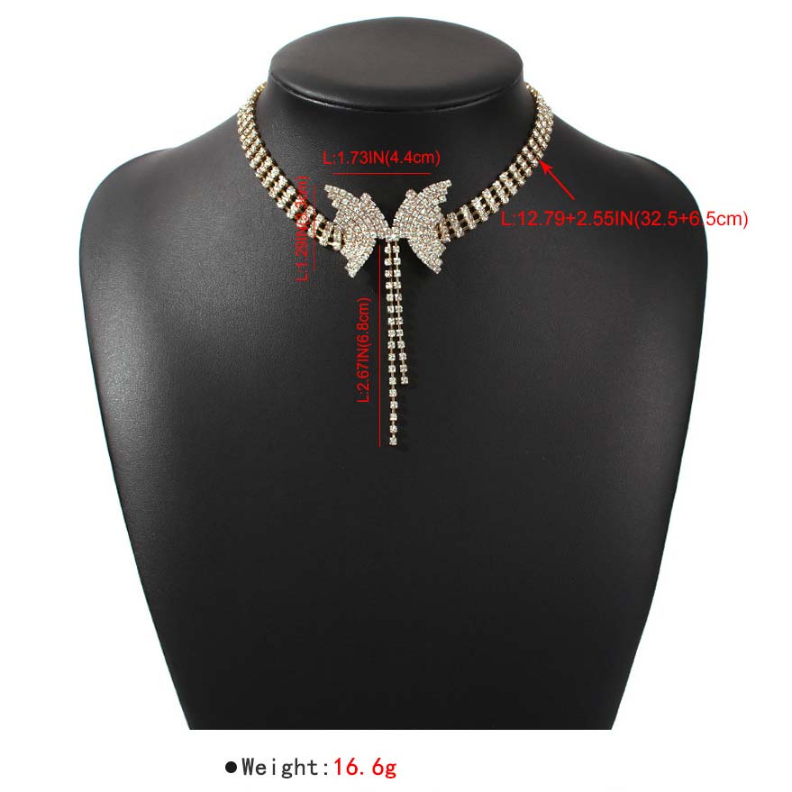 Gold Rhinestone Layered Butterfly Detail Necklace