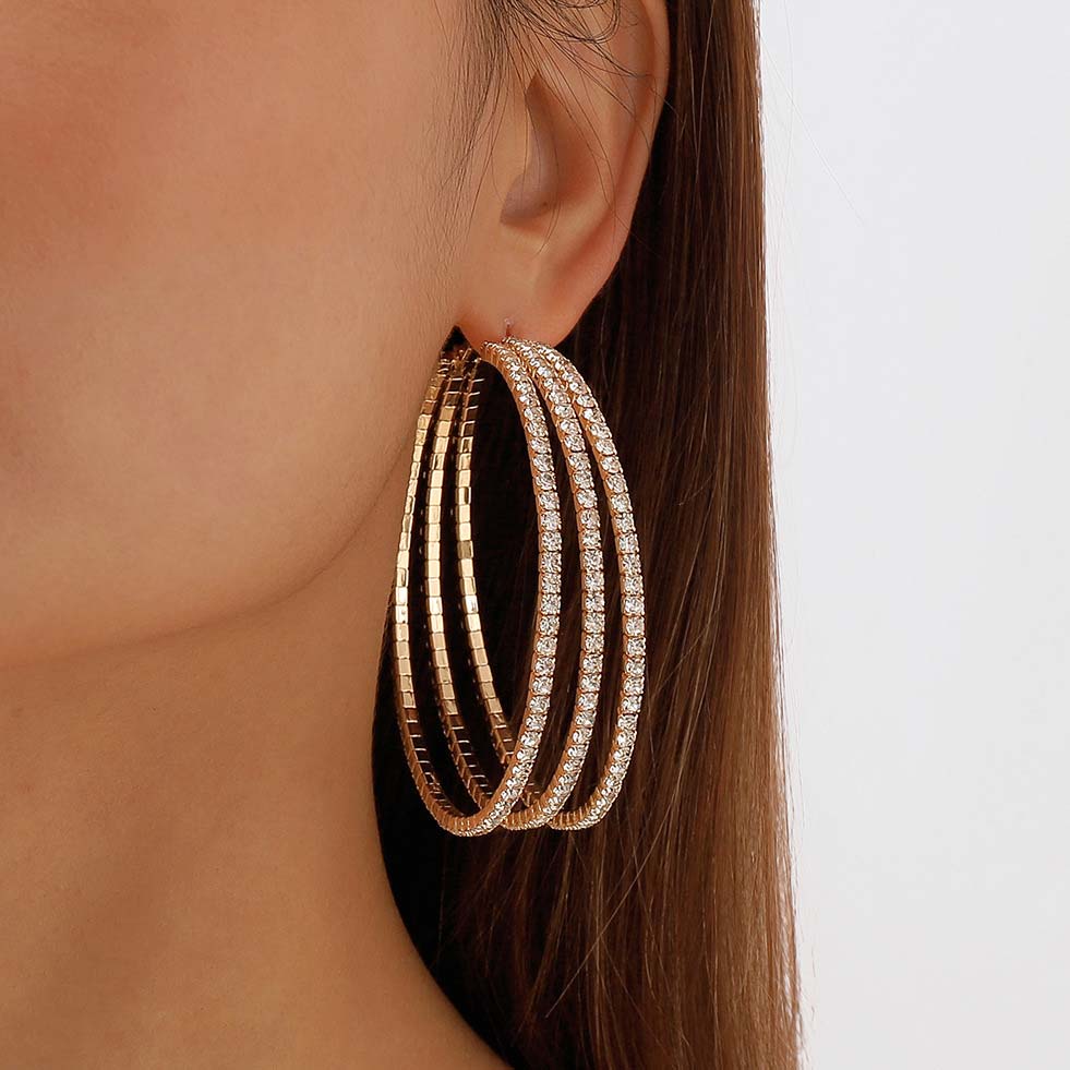 Gold Round Rhinestone Detail Layered Earrings