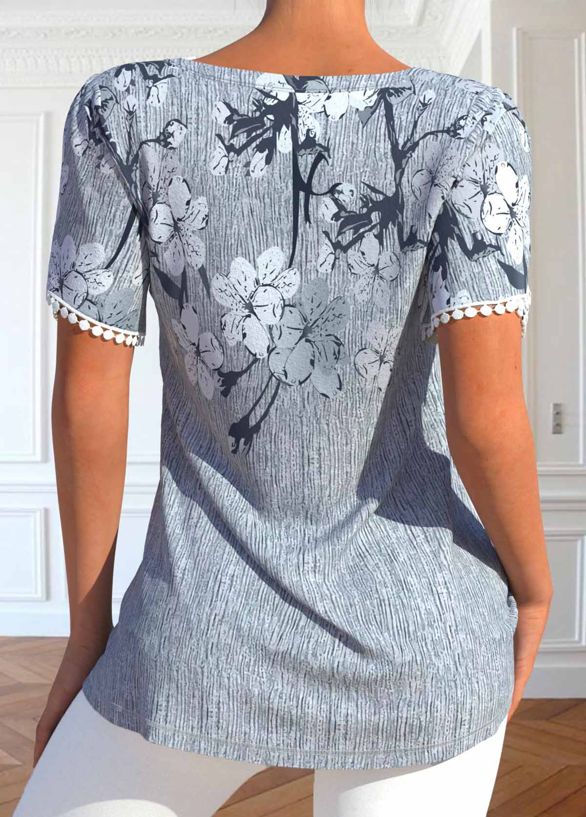 Floral Print Patchwork Grey V Neck T Shirt