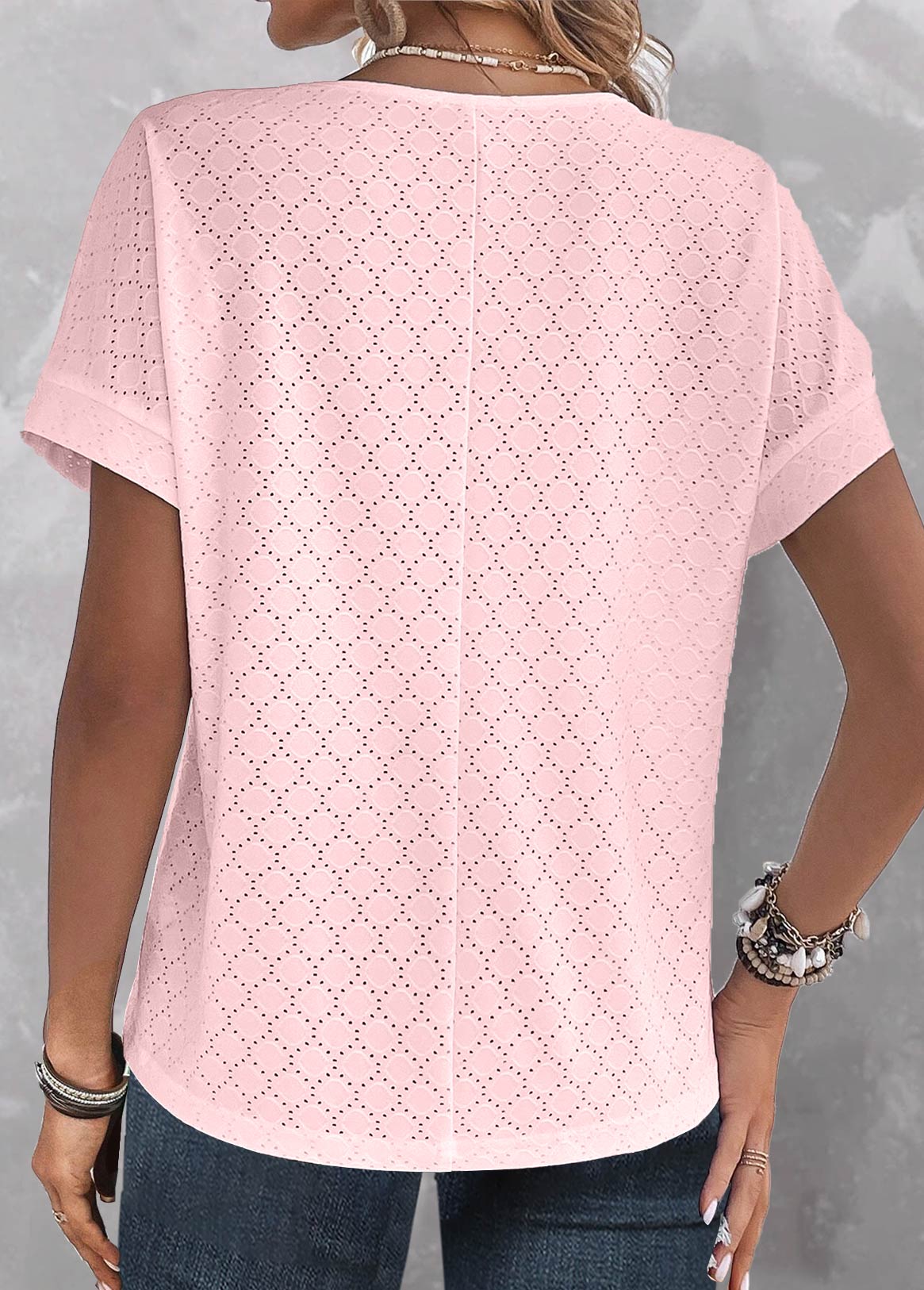 V Neck Lace Pink Short Sleeve T Shirt