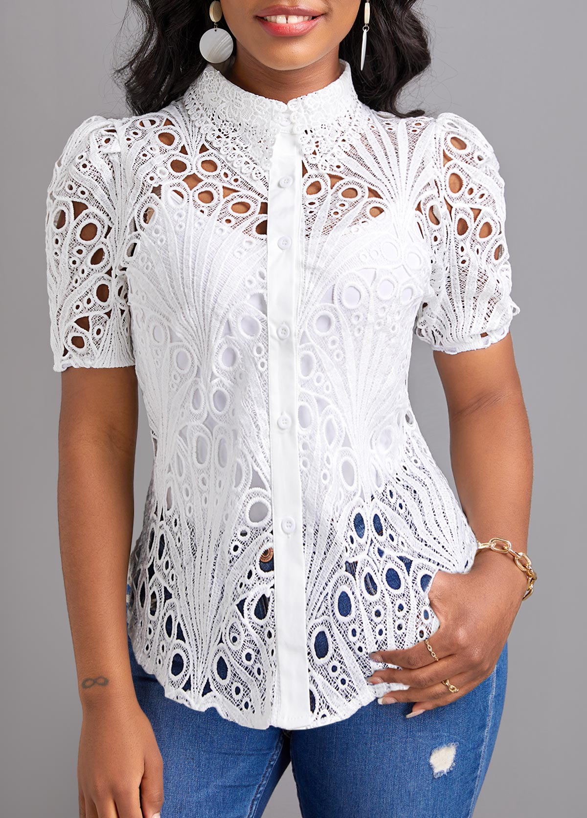 Short Sleeve Breathable White Shirt Collar Blouse | Rosewe.com - USD $35.98