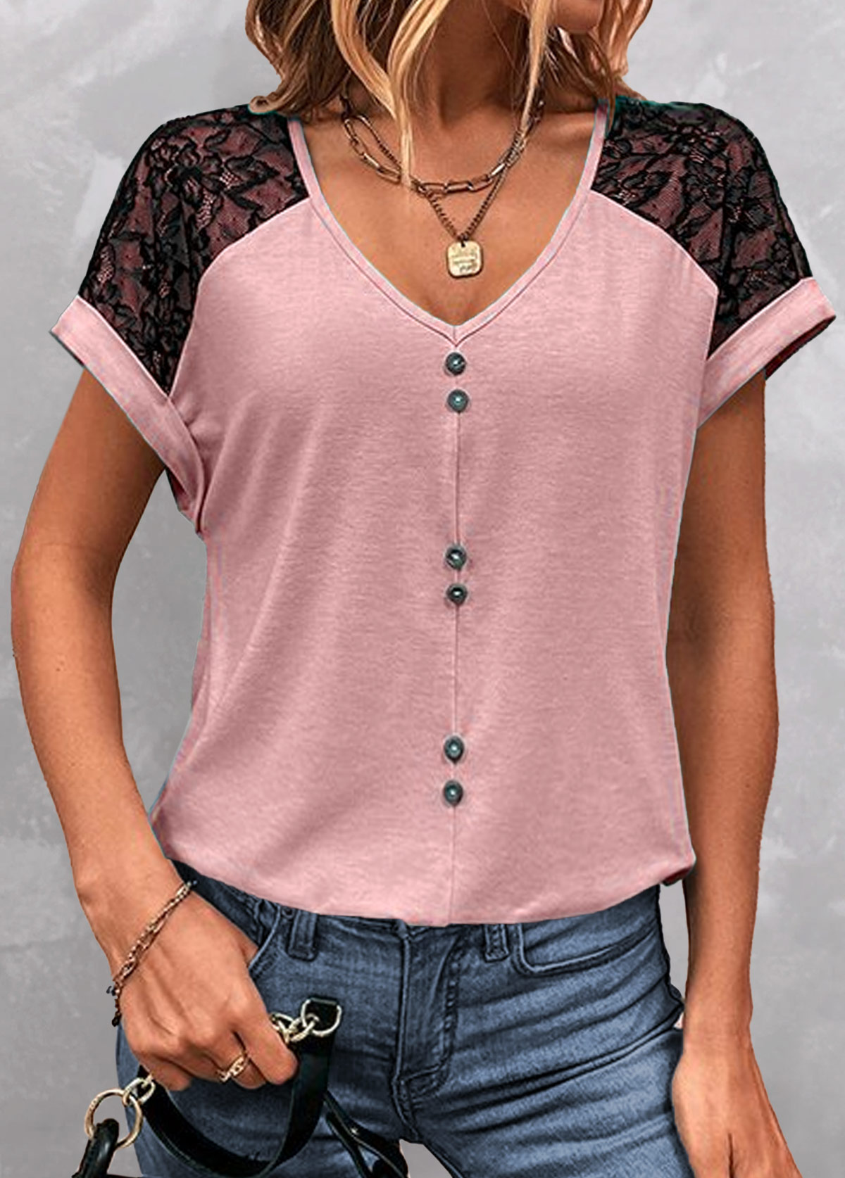V Neck Patchwork Pink Short Sleeve T Shirt