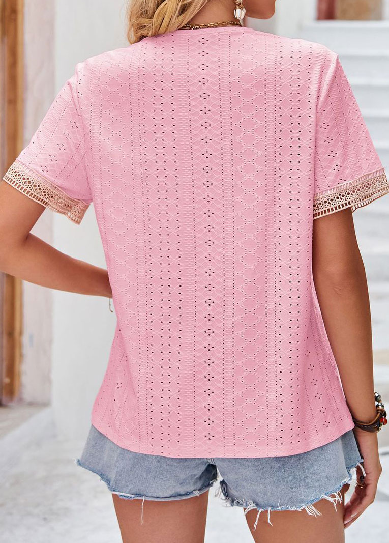 Patchwork V Neck Short Sleeve Pink T Shirt