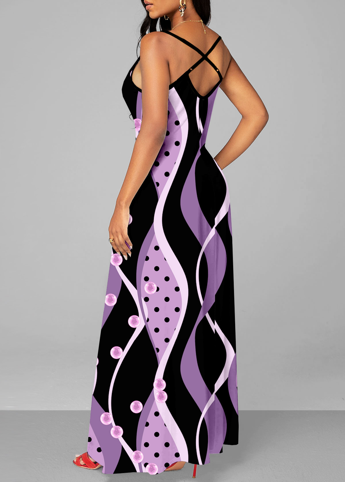 Geometric Print Cage Neck Light Purple Maxi Dress
