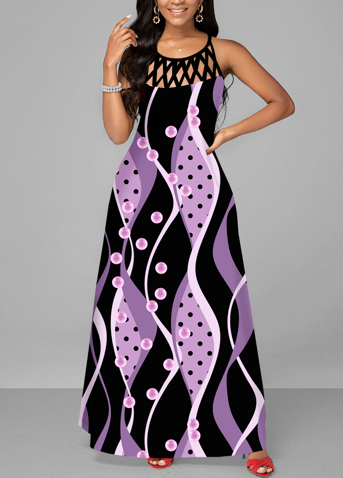 Geometric Print Cage Neck Light Purple Maxi Dress