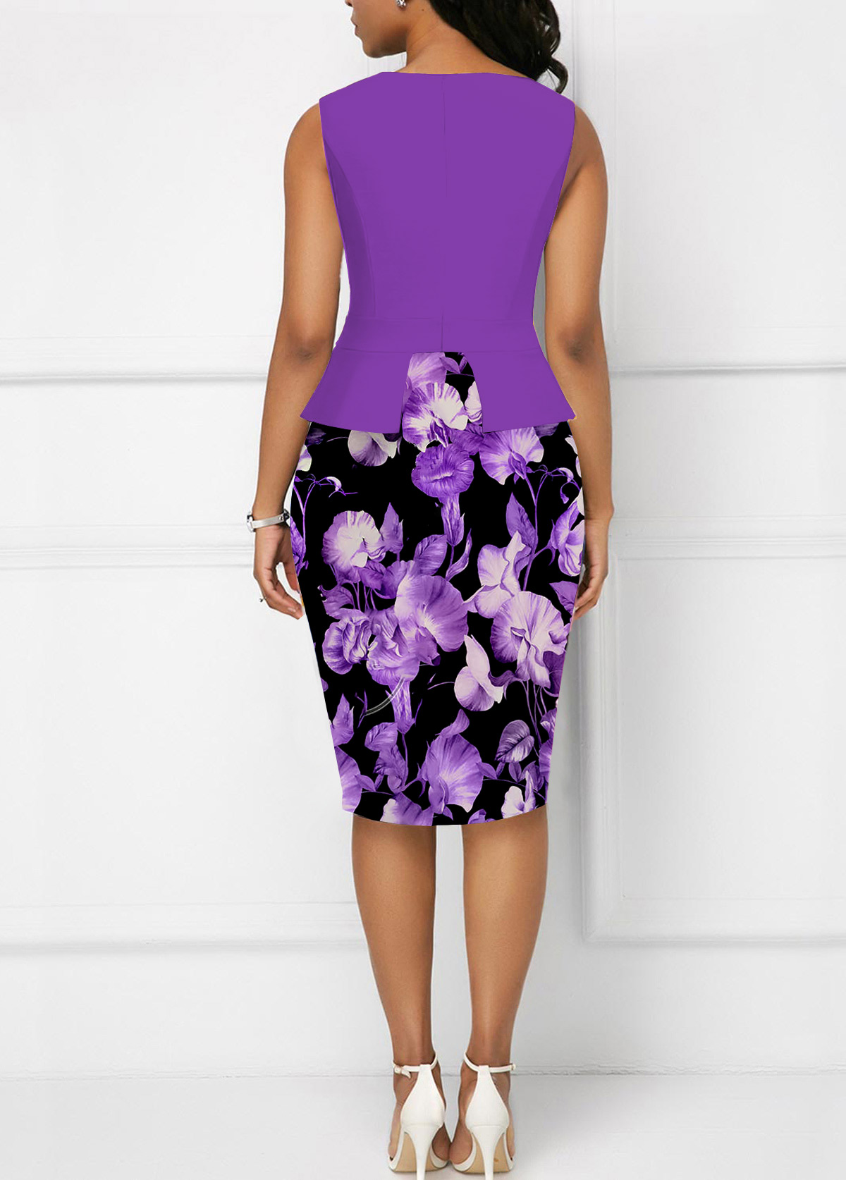 Floral Print Fake 2in1 Purple Bodycon Dress