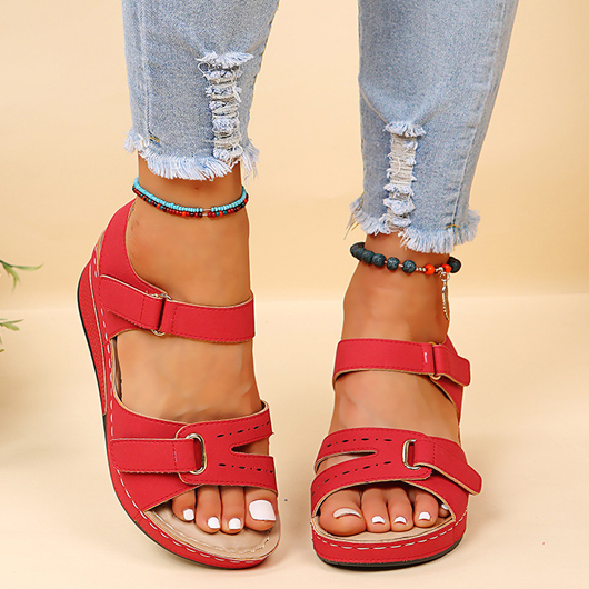 Red Velcro Peep Toe Mid Heel Sandals