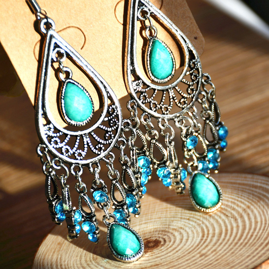 Tribal Teardrop Design Rhinestone Turquoise Earrings