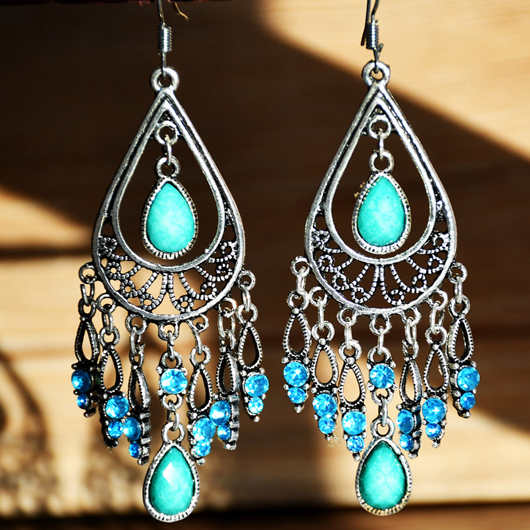 Tribal Teardrop Design Rhinestone Turquoise Earrings