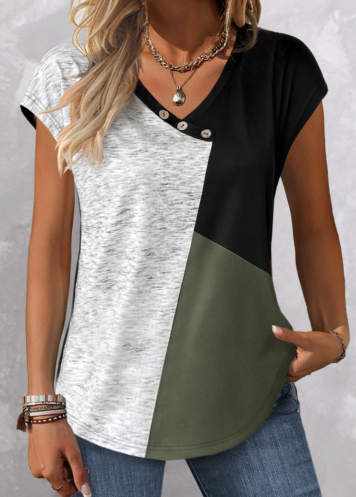 Plus Size Sage Green Button T Shirt | Rosewe.com - USD $29.98
