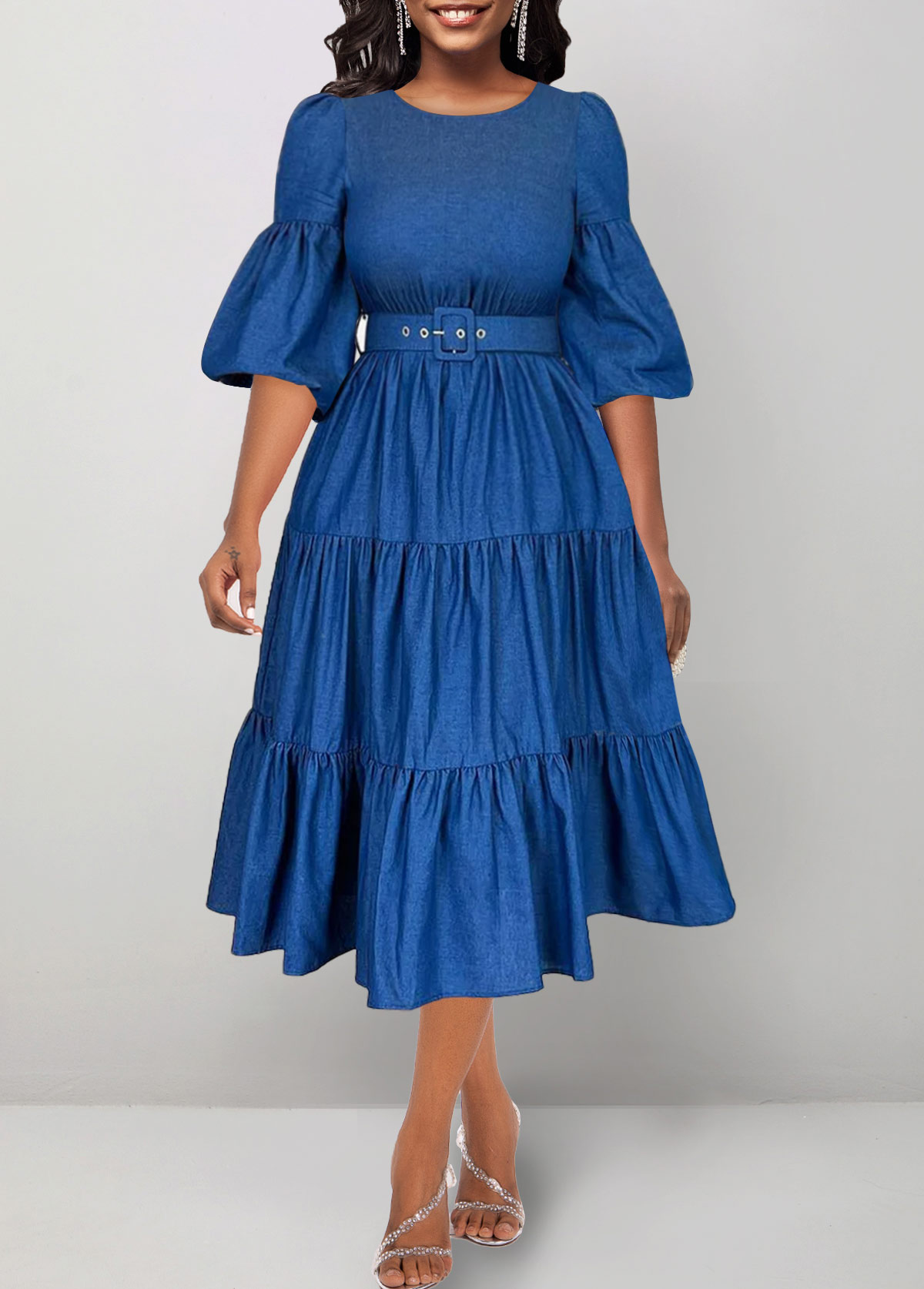 Ruched Belted Denim Blue Round Neck Dress | Rosewe.com - USD $44.98