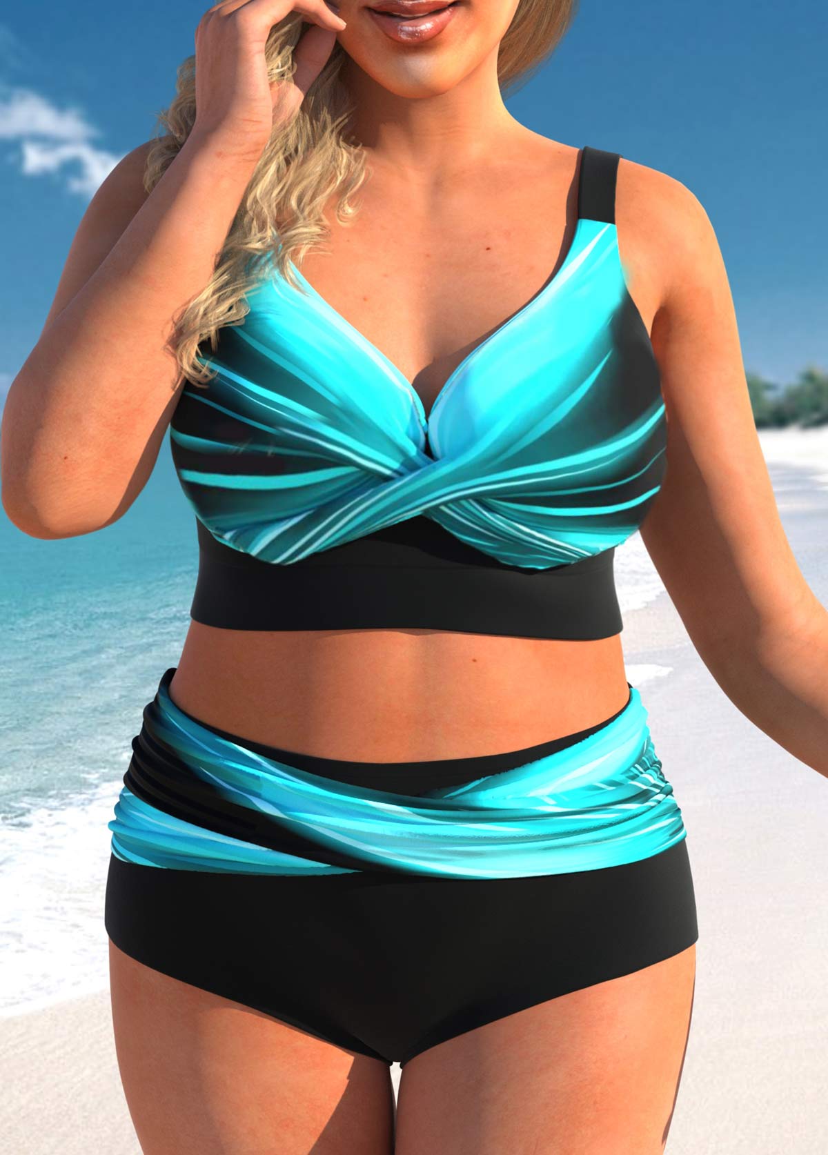 High Waisted Cyan Plus Size Ombre Bikini Set