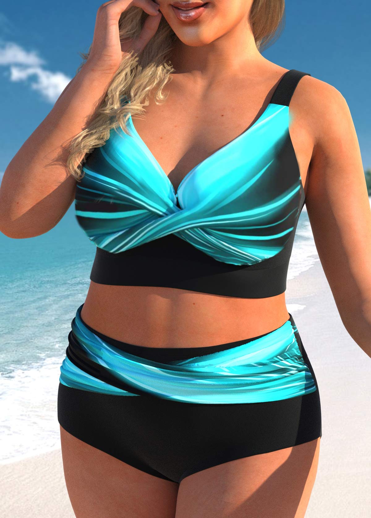 High Waisted Cyan Plus Size Ombre Bikini Set