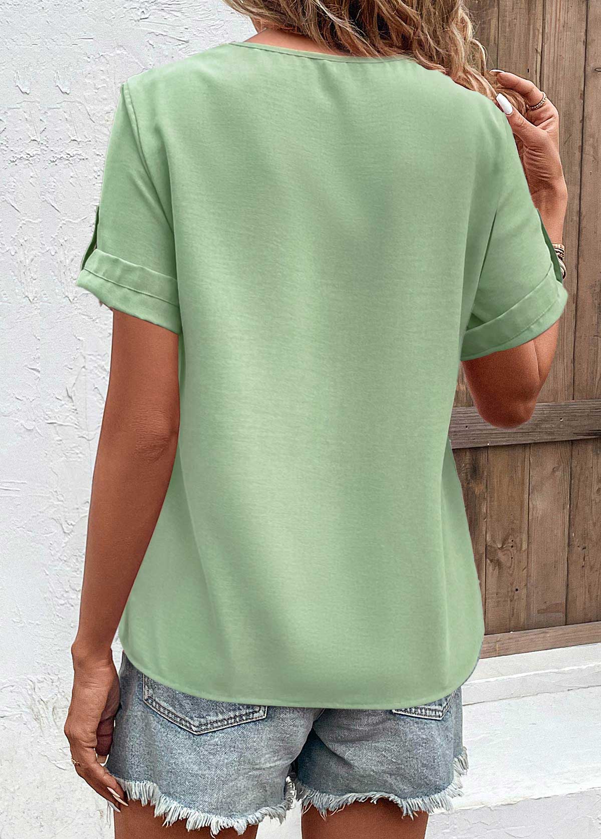Button Detail Green V Neck T Shirt