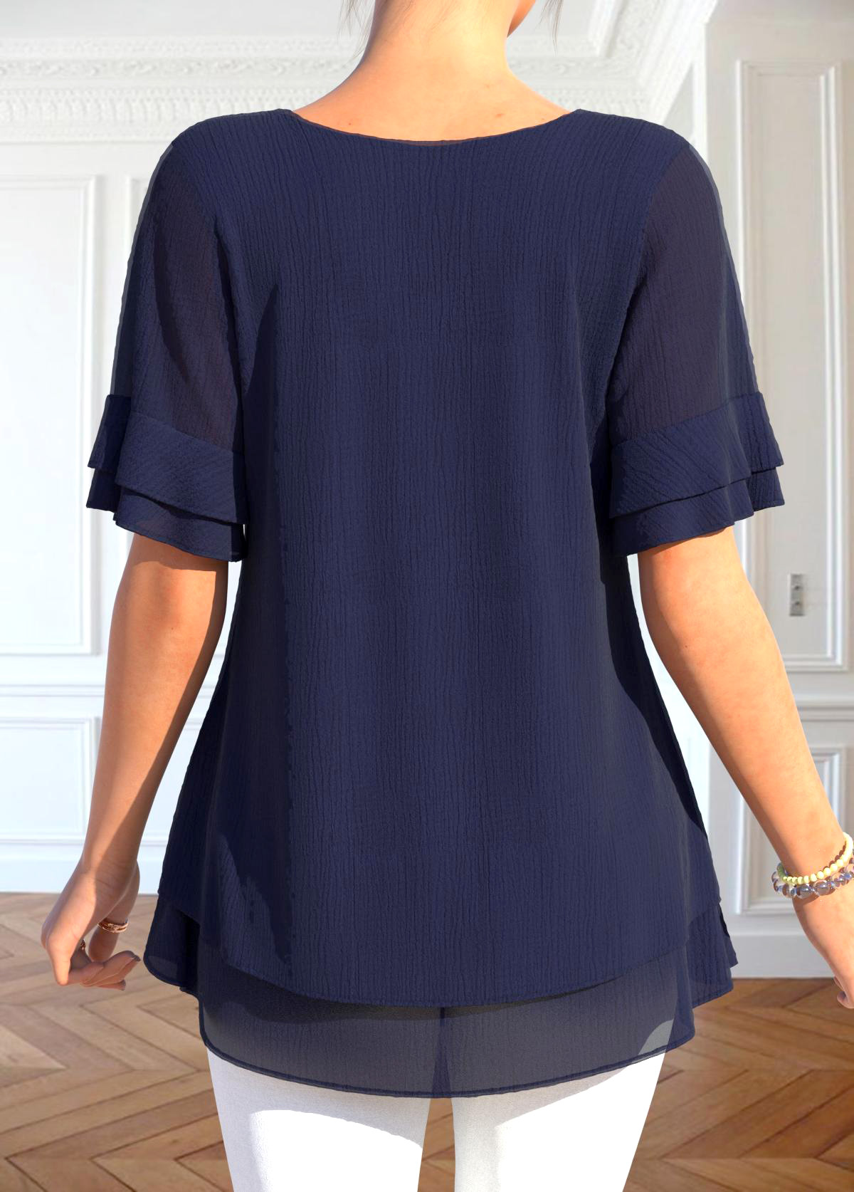 Round Neck Layered Navy Short Sleeve T Shirt